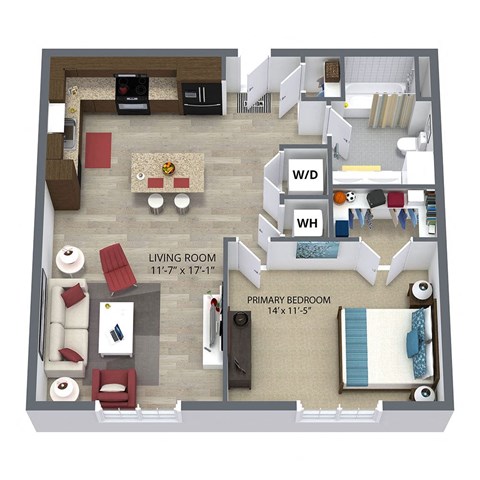 Floor plan for 1 bed, 1 bath, 709 sqft